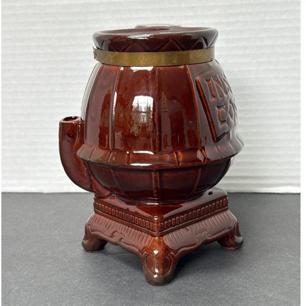 Vintage Pot Belly Stove Instant Coffee Jar Ceramic Brown Glaze Japan MCM